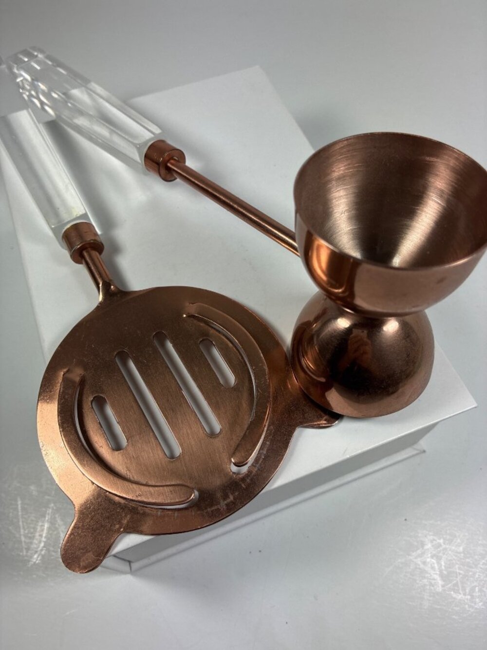 Vintage Copper Tone Lucite Handle Cocktail Strainer & Double Jigger Set